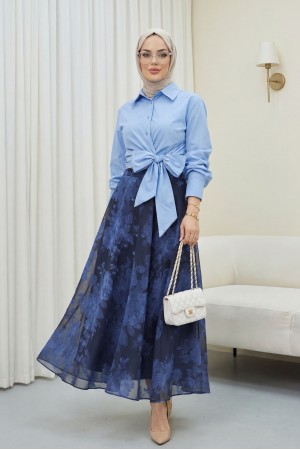 Yandan Fermuarlı Desenli Astarlı Şifon Etek -Laci