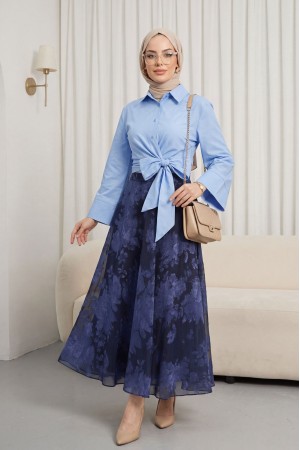 Yandan Fermuarlı Desenli Astarlı Şifon Etek -Laci