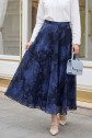 Side Zipper Patterned Lined Chiffon Skirt -Navy blue