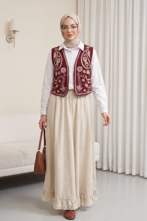 Embroidered Corduroy Vest -Maroon