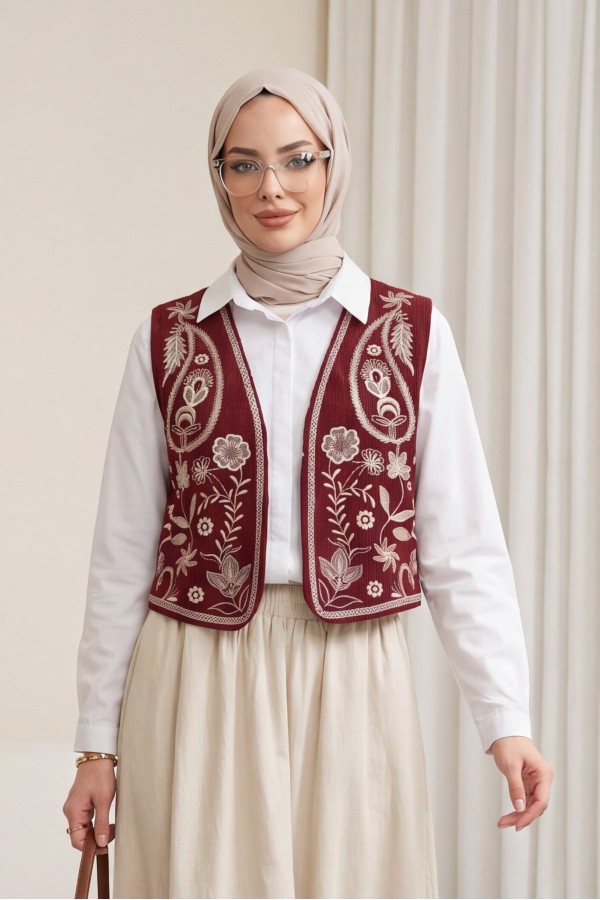 Nakışlı Fitilli Kadife Yelek -Bordo