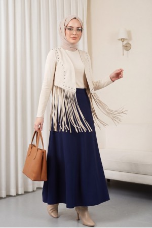 Stone Detail Tassel Dropped Suede Vest -Stone