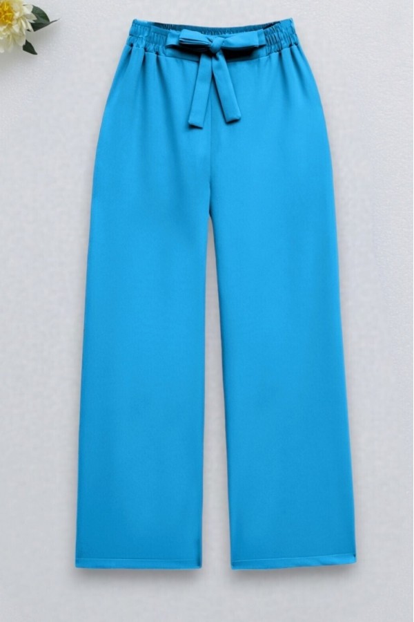 Beli Bağcıklı Double Bol Paça Pantolon      -Mavi