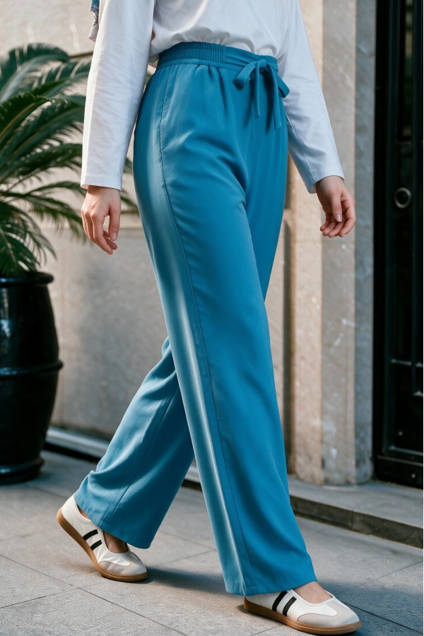 Beli Bağcıklı Double Bol Paça Pantolon      -Mavi