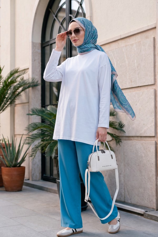 Tie Waist Double Wide Leg Trousers      -Blue
