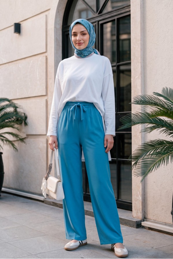 Tie Waist Double Wide Leg Trousers      -Blue