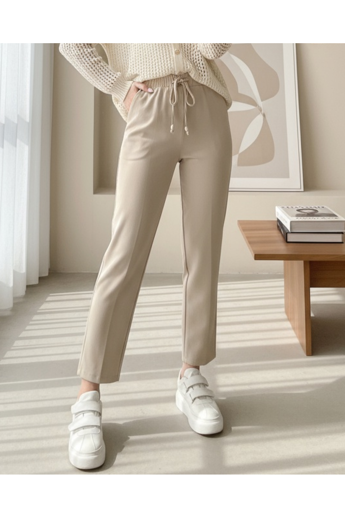 Elastic Waist Double Pocket Lacing Detail Trousers     - Beige