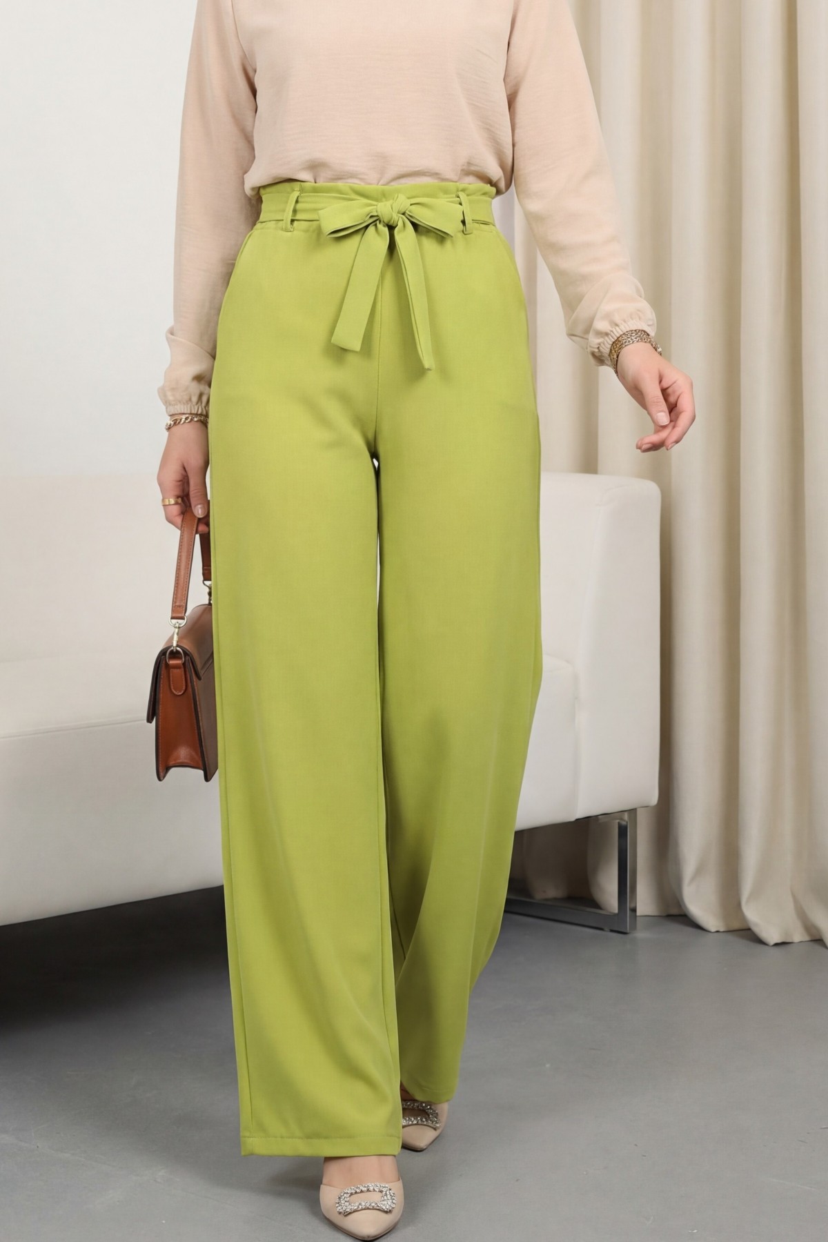 Tie Waist Double Wide Leg Trousers     -PISTACHIO GREEN