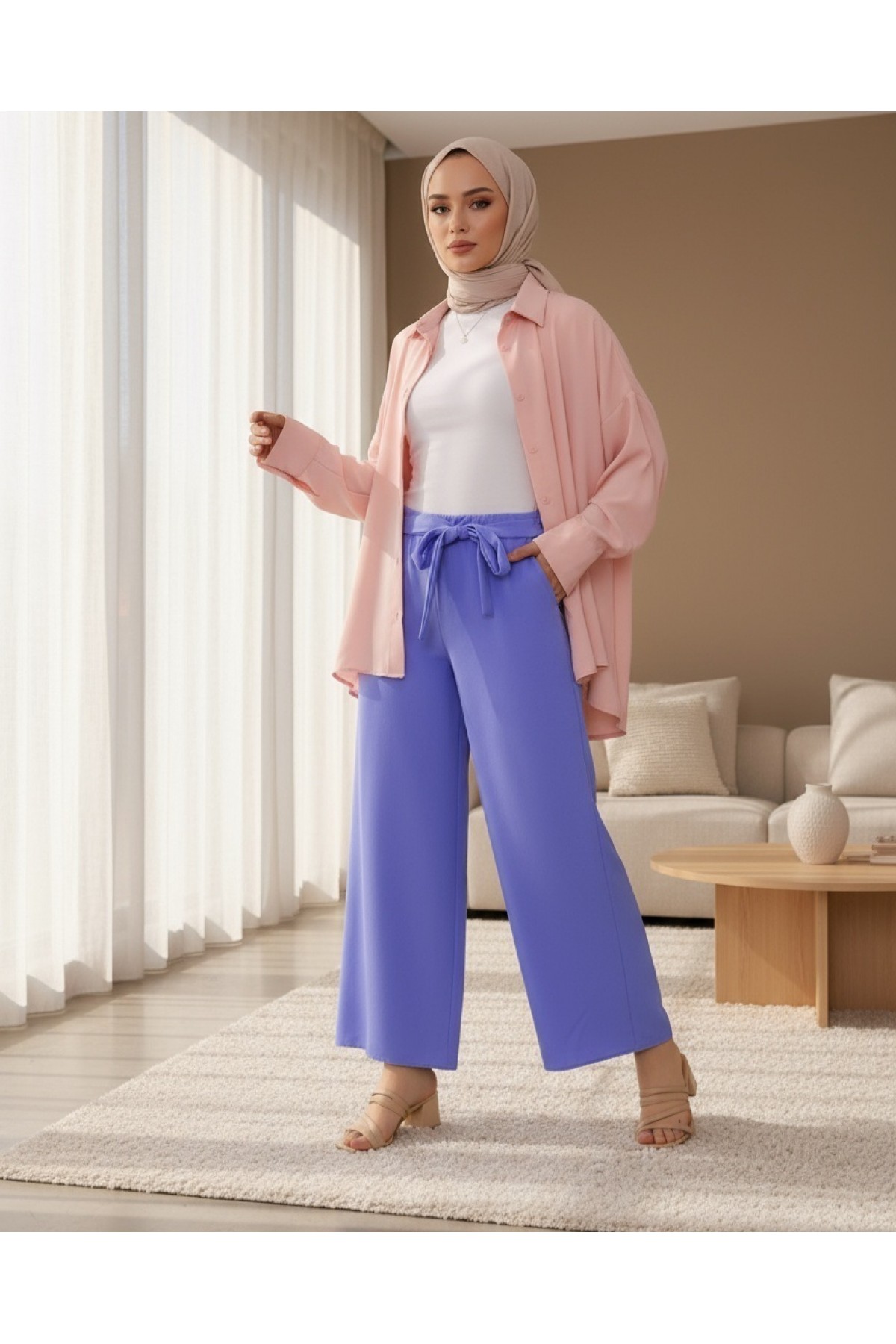 Tie Waist Double Wide Leg Trousers     -Lilac
