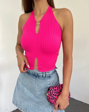 Metal Detaylı Sıfır Kol Fitilli Triko Crop Atlet -Fuşya