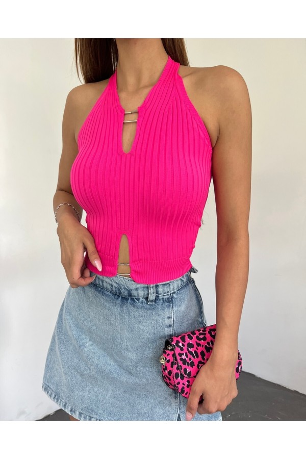Metal Detail Zero Sleeve Ribbed Knitwear Crop Athlete -Fuchsia