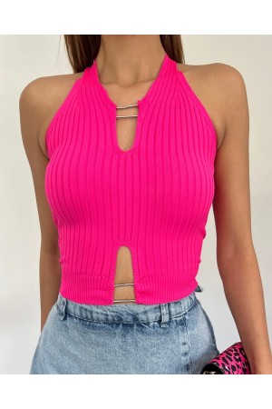 Metal Detaylı Sıfır Kol Fitilli Triko Crop Atlet -Fuşya