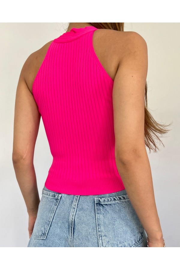 Metal Detaylı Sıfır Kol Fitilli Triko Crop Atlet -Fuşya