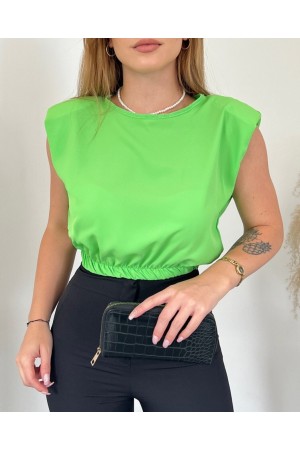 Omuzları Vatkalı Beli Lastikli  Bluz -A.Yeşil