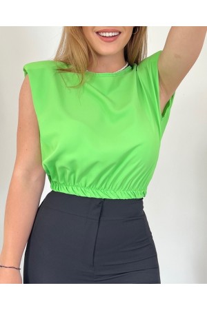 Omuzları Vatkalı Beli Lastikli  Bluz -A.Yeşil