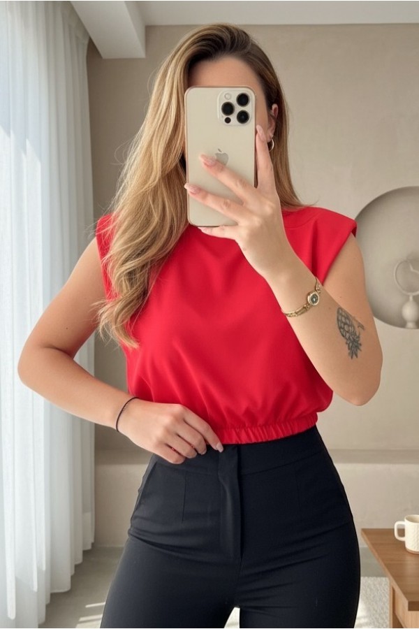 Waistband Waistband Elastic Blouse -Red