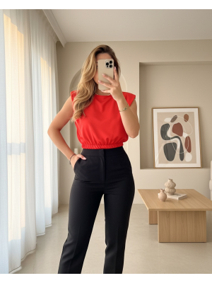 Omuzları Vatkalı Beli Lastikli  Bluz -Turuncu