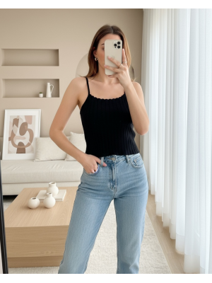 İp Askılı Fitilli Bluz -Siyah