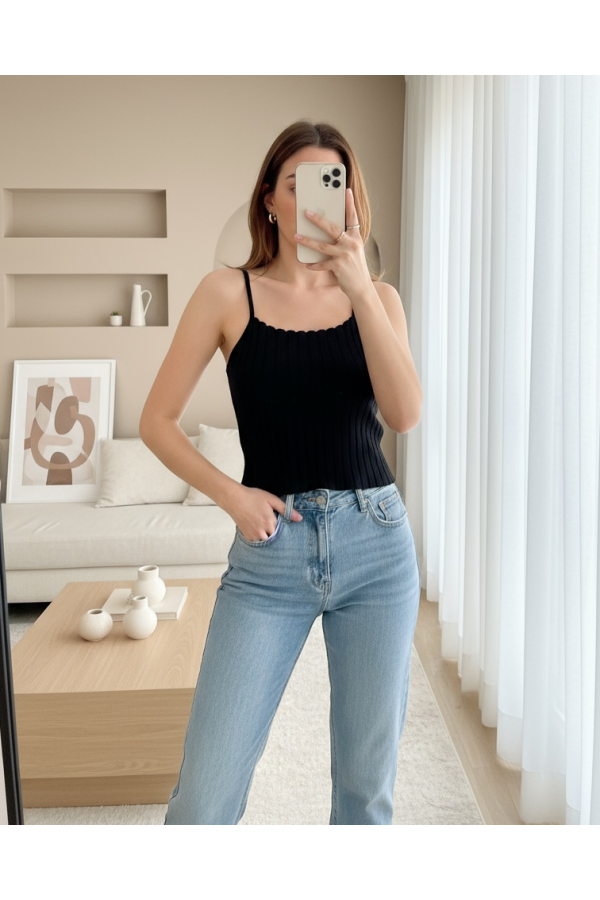 Rope Strap Corduroy Blouse -Black