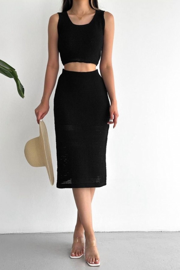 Zero Sleeve Skirt Knitwear Set -Black