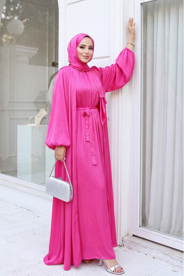 Krinkıl İpek Saten 3'lü Abaya Takım -Fuşya