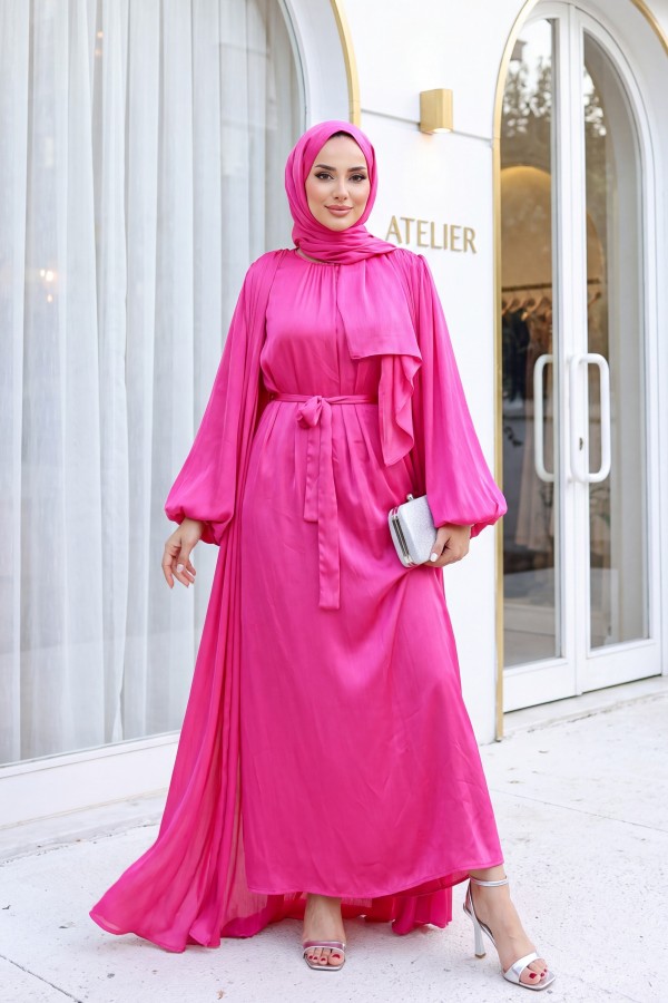 Krinkıl İpek Saten 3'lü Abaya Takım -Fuşya