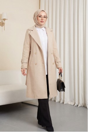 Belted Cashmere Coat with Bolero Detail on the Back - Beige