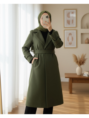 Arkası Bolero Detaylı Kemerli Kaşe Kaban -Haki