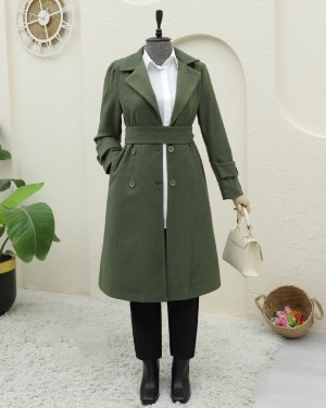 Arkası Bolero Detaylı Kemerli Kaşe Kaban -Haki