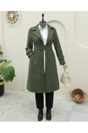 Belted Cashmere Coat with Bolero Detail on the Back -Khaki