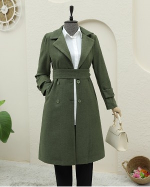 Arkası Bolero Detaylı Kemerli Kaşe Kaban -Haki