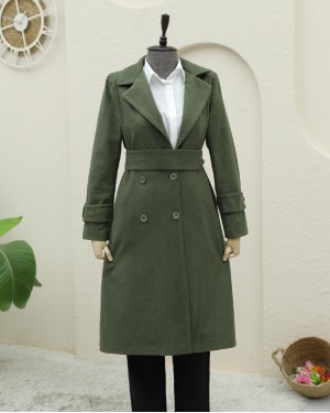 Arkası Bolero Detaylı Kemerli Kaşe Kaban -Haki