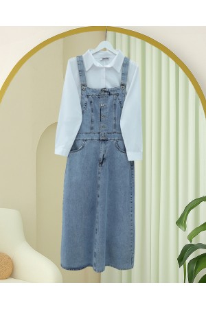 Yarım Düğmeli Cepli Kot Salopet -Buz Mavi