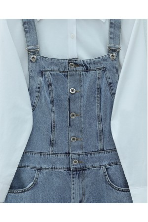 Yarım Düğmeli Cepli Kot Salopet -Buz Mavi