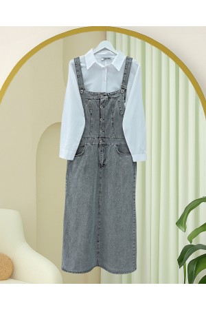 Yarım Düğmeli Cepli Kot Salopet -Füme