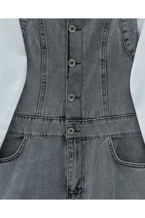 Yarım Düğmeli Cepli Kot Salopet -Füme