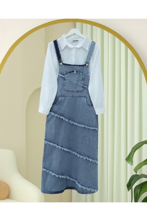 Cepli Yanı Düğmeli Püskül Detaylı Kot Salopet -Buz Mavi