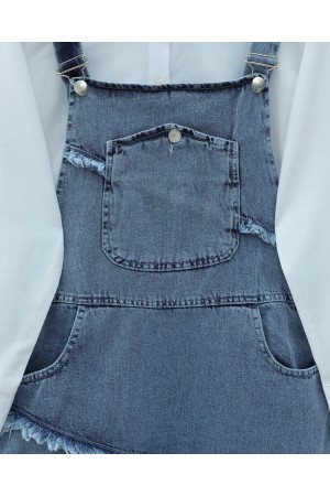 Cepli Yanı Düğmeli Püskül Detaylı Kot Salopet -Buz Mavi