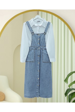 Yıpratma Detaylı Boydan Düğmeli Çift Cepli Kot Salopet -Buz Mavi