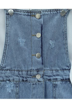 Yıpratma Detaylı Boydan Düğmeli Çift Cepli Kot Salopet -Buz Mavi