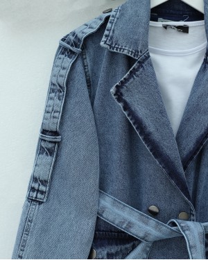 Cepli Beli Kemerli Düğmeli Kot Trençkot  -Buz Mavi