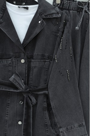 Denim Suit with Pockets, Button-Front, Belted Waist and Rhinestone Embellishments -Anthracite