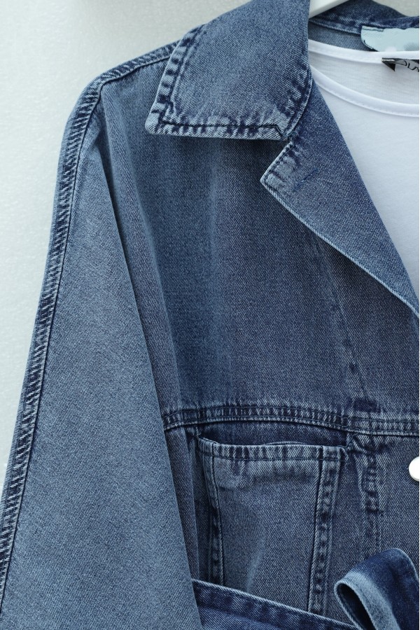 Denim Suit with Pockets, Button-Front, Belted Waist and Rhinestone Embellishments -Ice Blue