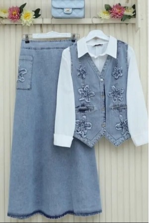 Denim Suit with Vest and Pocket Details, Embroidered with Flowers -Ice Blue