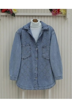 Çift Cepli Taşlı Önü Düğmeli Kot Ceket -İndigo
