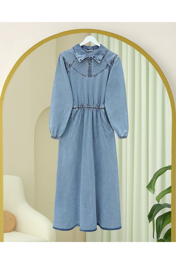 Denim dress with zipper closure, elasticated waist and cuffs, and pockets. -Ice Blue