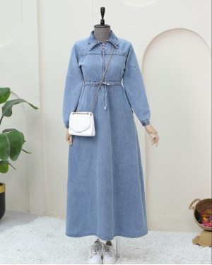 Denim dress with tunnel drawstring waist, half-zip, and elasticated cuffs. -Ice Blue