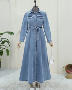 Half-buttoned, elasticated waist, pocketed, embroidered denim dress. -Ice Blue