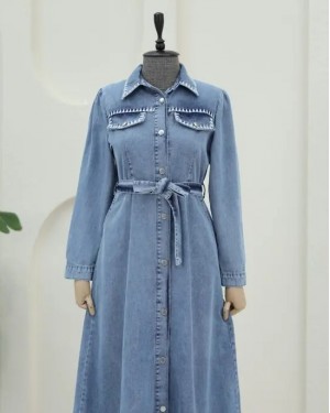 Half-buttoned, elasticated waist, pocketed, embroidered denim dress. -Ice Blue