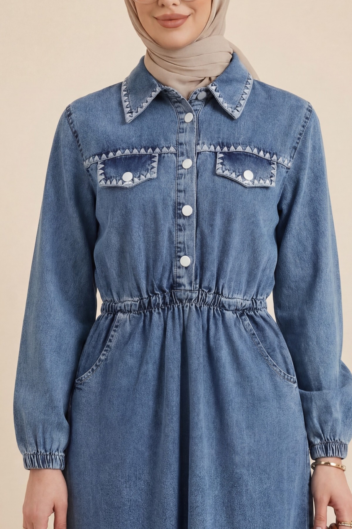 Half-buttoned, elasticated waist, pocketed, embroidered denim dress. -Ice Blue
